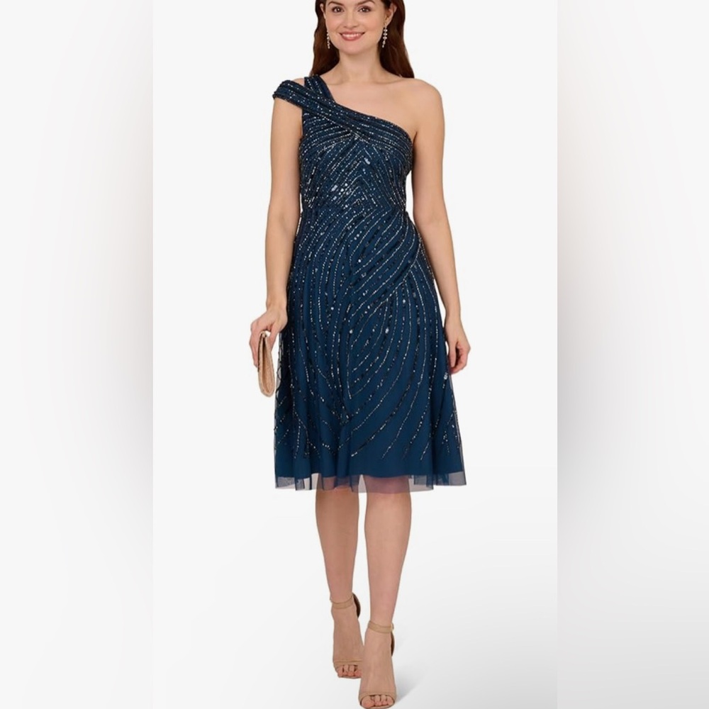 Adrianna Papell Women's Beaded One Shoulder Dress Sz 10 - Picture 1 of 4